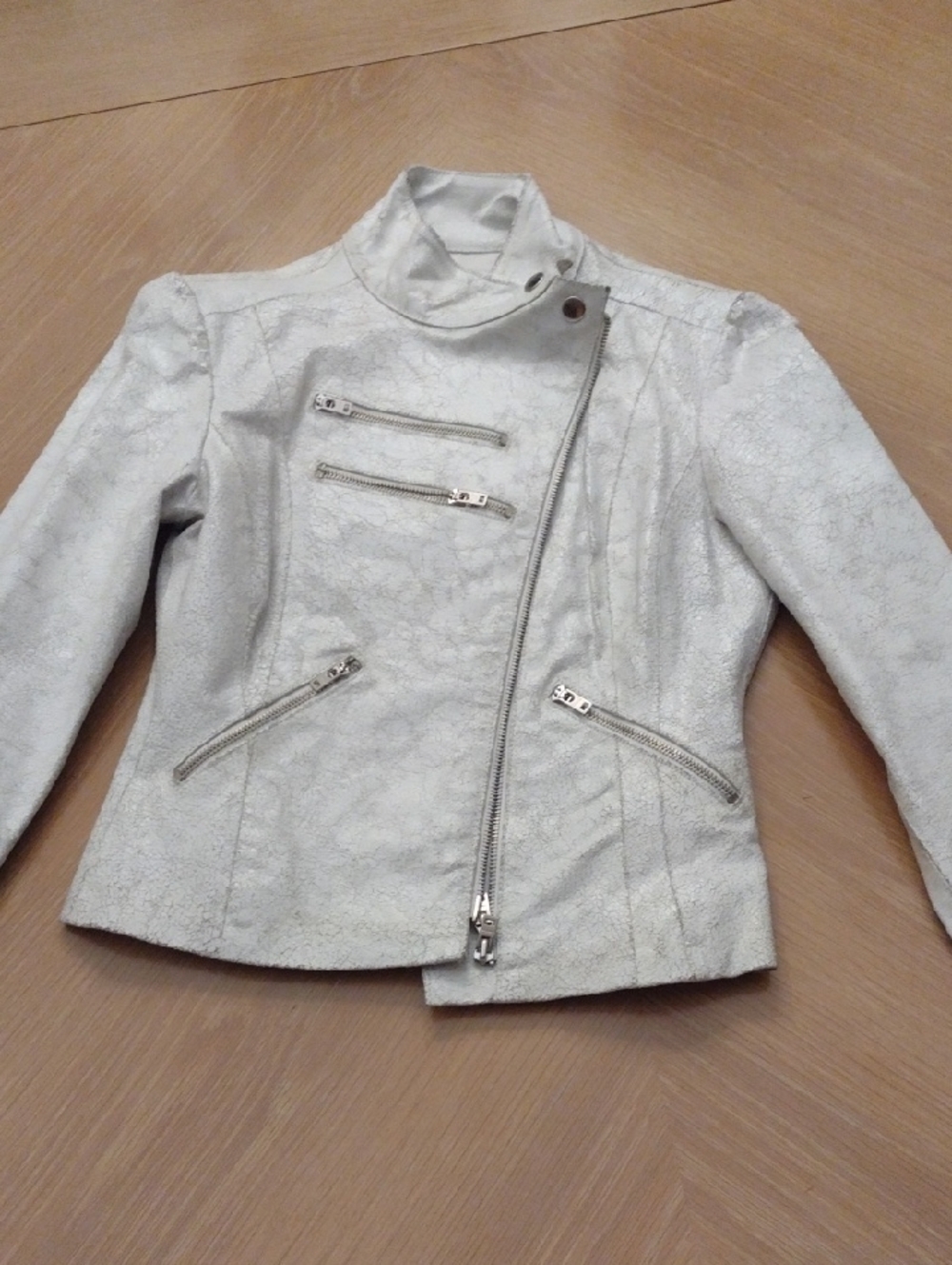Ivory Floral-Texture Asymmetric Zip Leather Jacket